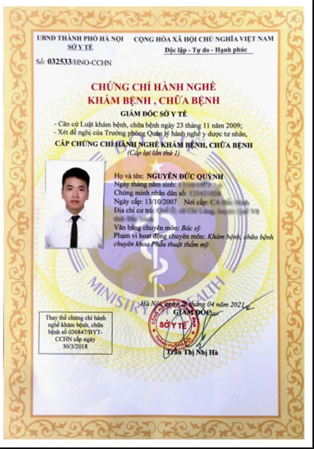 Chứng chỉ hành nghề khám bệnh, chữa bệnh số 032533/HNO-CCHN chuyên khoa Phẫu thuật thẩm mỹ - Sở Y tế Hà Nội cấp lại lần 1 ngày 28/4/2021 - Dr. Daniel Nguyen