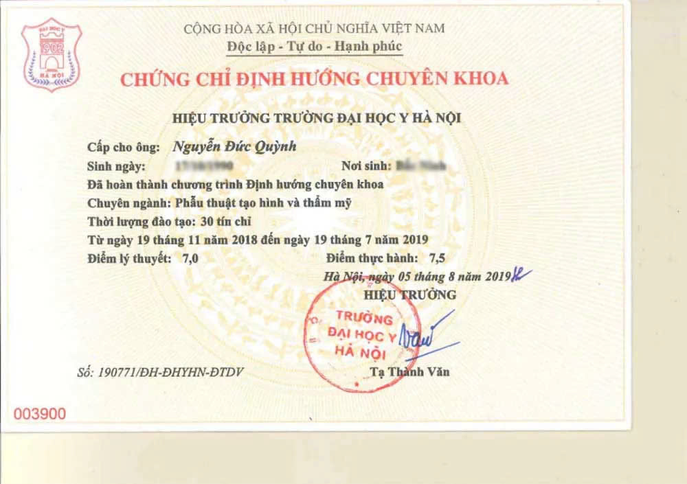 Chứng chỉ Định hướng chuyên khoa Phẫu thuật tạo hình và thẩm mỹ số 190771/ĐH-ĐHYHN-ĐTDV - Trường Đại học Y Hà Nội cấp ngày 5/8/2019 - Dr. Daniel Nguyen