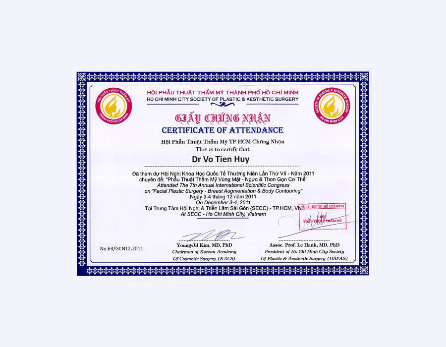 Giấy chứng nhận đã tham dự hội nghị khoa học quốc thế thường niên lần thứ VII năm 2011