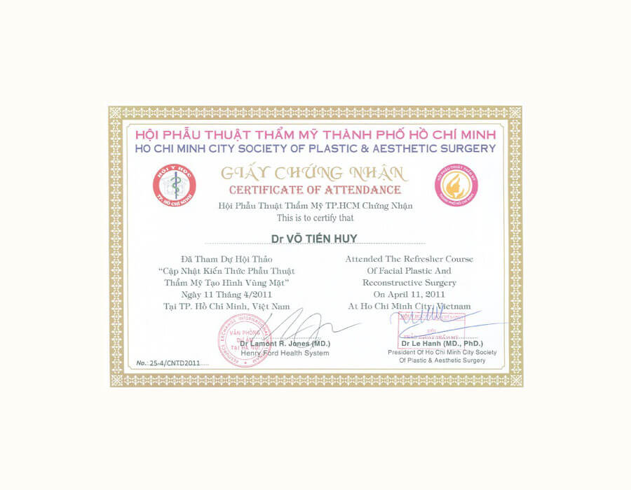 Giấy chứng nhận đã tham dự hội thảo cập nhật kiến thức Phẫu thuật thẩm mỹ tạo hình vùng mặt năm 2011