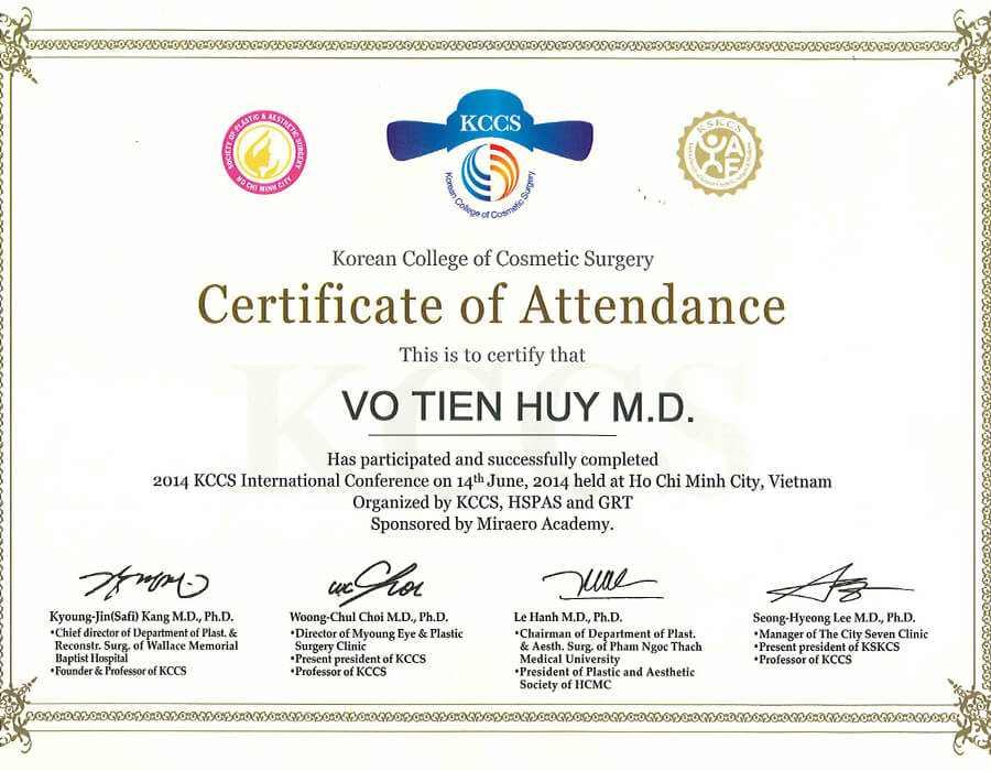 Bằng chứng nhận tham gia hội nghị thẩm mỹ Quốc tế  2014