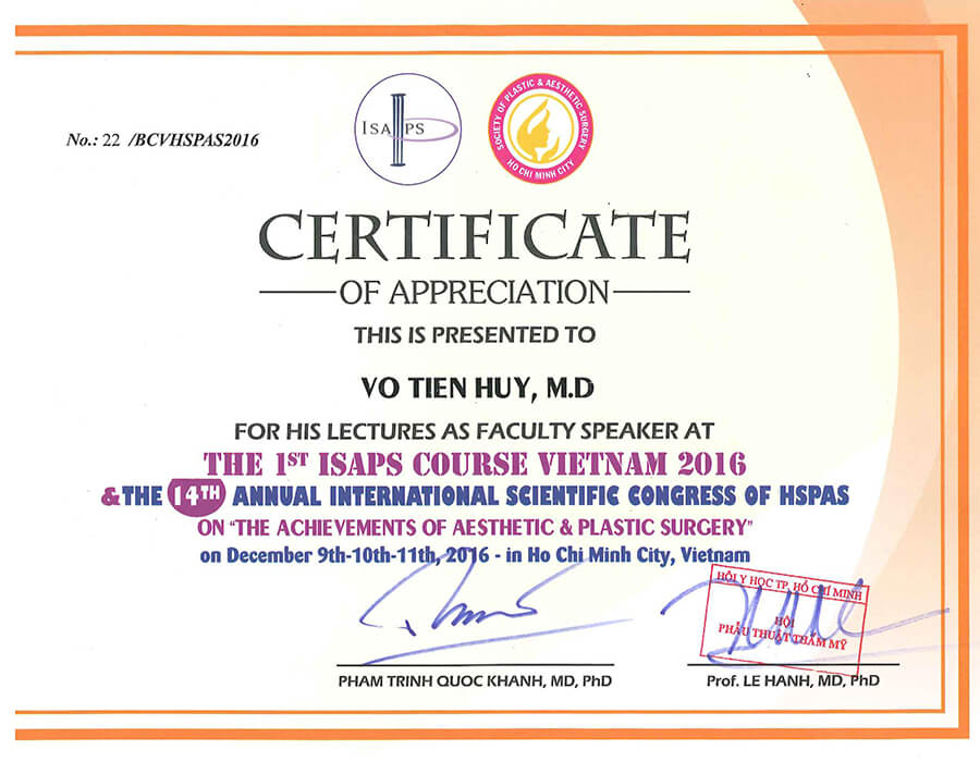 Bằng tri ân diễn giả tại hội nghị khoa học thường niên lần thứ 14 của Hiệp hội Phẫu thuật thẩm mỹ TP.HCM