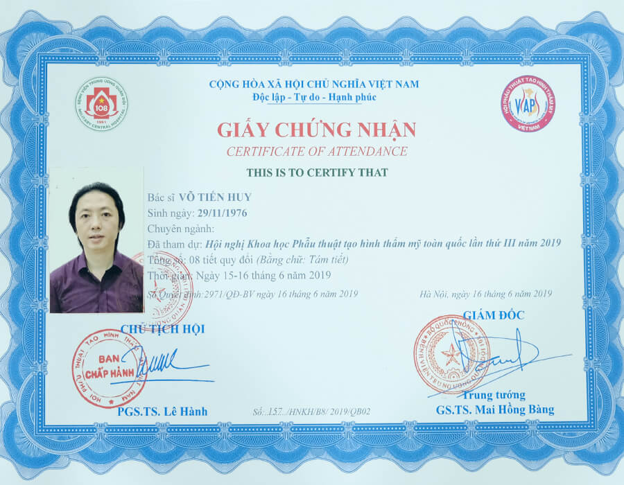 Giấy chứng nhận tham dự hội nghị khoa học Phẫu thuật tạo hình thẩm mỹ toàn quốc lần thứ III năm 2019