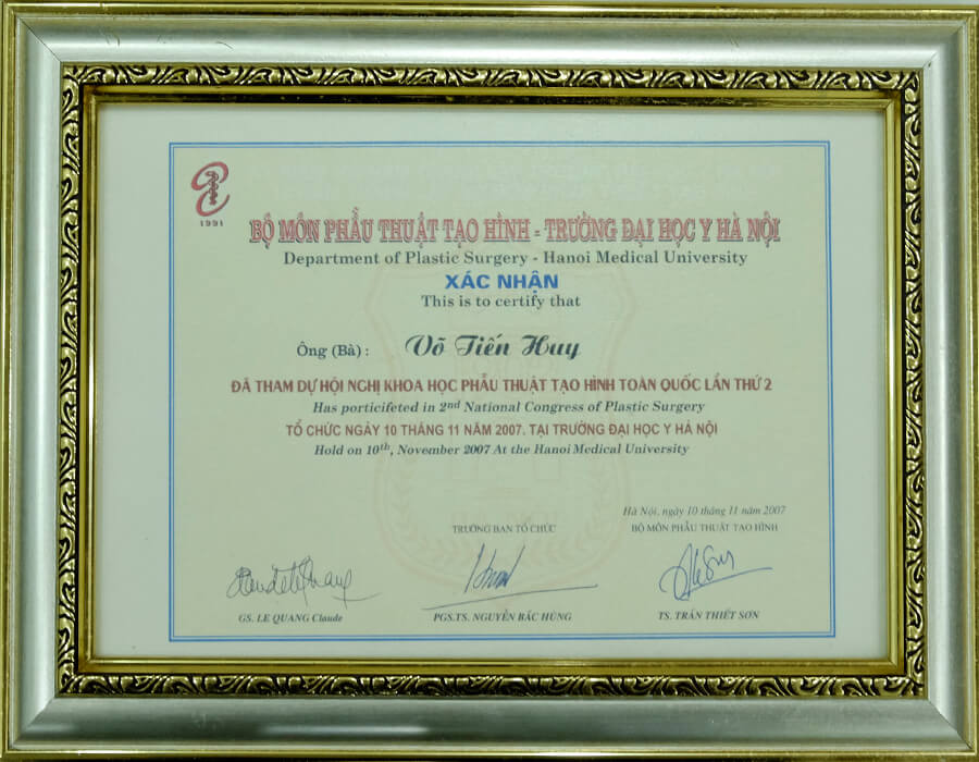 Đã tham dự hội nghị khoa học Phẫu thuật tạo hình thẩm mỹ lần II năm 2007 tại Đại Học Y