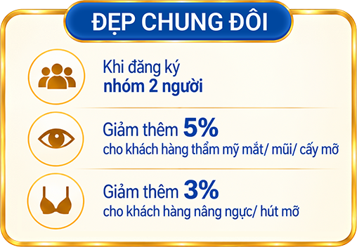 Đẹp chung đôi - giảm thêm 5% thẩm mỹ mắt/mũi/cấy mỡ, 3% nâng ngực/hút mỡ khi đăng ký nhóm 2 người
