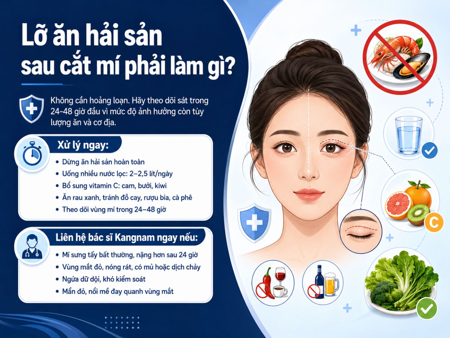Không phải cứ lỡ ăn hải sản sau cắt mí là nguy hiểm, nhưng bạn cần theo dõi sát các biểu hiện bất thường trong 24–48 giờ đầu.