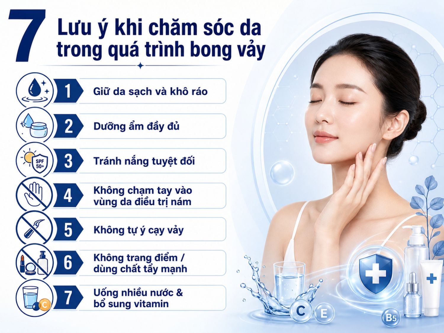 Trong giai đoạn da bong vảy sau điều trị, việc chăm sóc đúng cách rất quan trọng để hỗ trợ phục hồi, giảm nguy cơ kích ứng và hạn chế thâm sạm. Giữ da sạch, đủ ẩm và tránh tác động mạnh sẽ giúp da lành ổn định hơn.