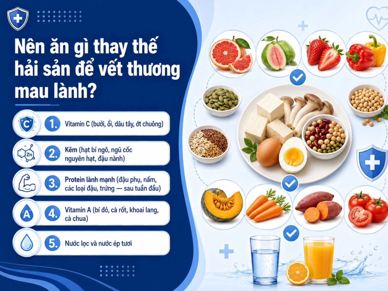 Chế độ ăn phù hợp sau cắt mí có thể giúp vết thương mau lành hơn. Hãy bổ sung vitamin C, kẽm, protein lành mạnh và rau củ giàu vitamin A.