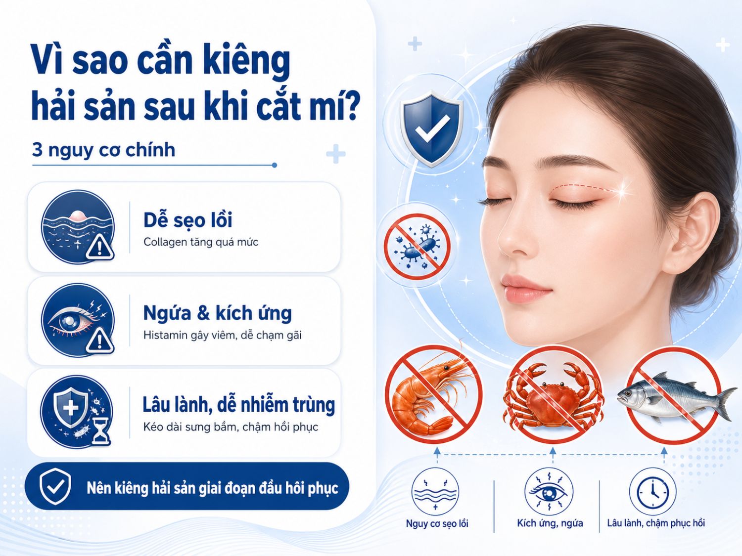 Sau cắt mí, vùng da mí mắt còn mỏng và nhạy cảm nên hải sản có thể làm tăng nguy cơ kích ứng, ngứa, sưng viêm hoặc hình thành sẹo lồi ở một số cơ địa.
