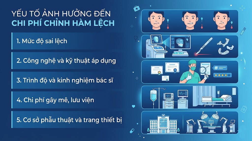 ảnh mô tả Chi phí chỉnh hàm lệch phụ thuộc vào nhiều yếu tố: mức độ sai lệch, phương pháp can thiệp (niềng răng, phẫu thuật 1 hoặc 2 hàm), cơ sở vật chất, công nghệ áp dụng, chi phí gây mê, lưu viện và tay nghề của bác sĩ.