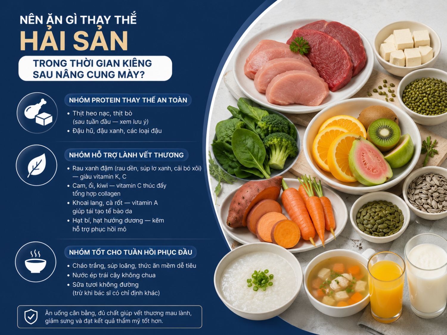 Chế độ ăn giàu protein, vitamin và khoáng chất giúp cơ thể tái tạo mô nhanh hơn sau nâng cung mày. Ưu tiên thực phẩm mềm, dễ tiêu và bổ sung vitamin C để hỗ trợ lành thương và giảm sưng hiệu quả.