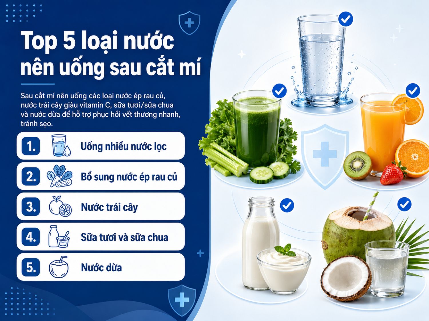 Top 5 loại nước nên uống sau cắt mí giúp vết thương mau lành, hạn chế sẹo gồm nước lọc, nước ép rau củ, nước trái cây, sữa chua và nước dừa.