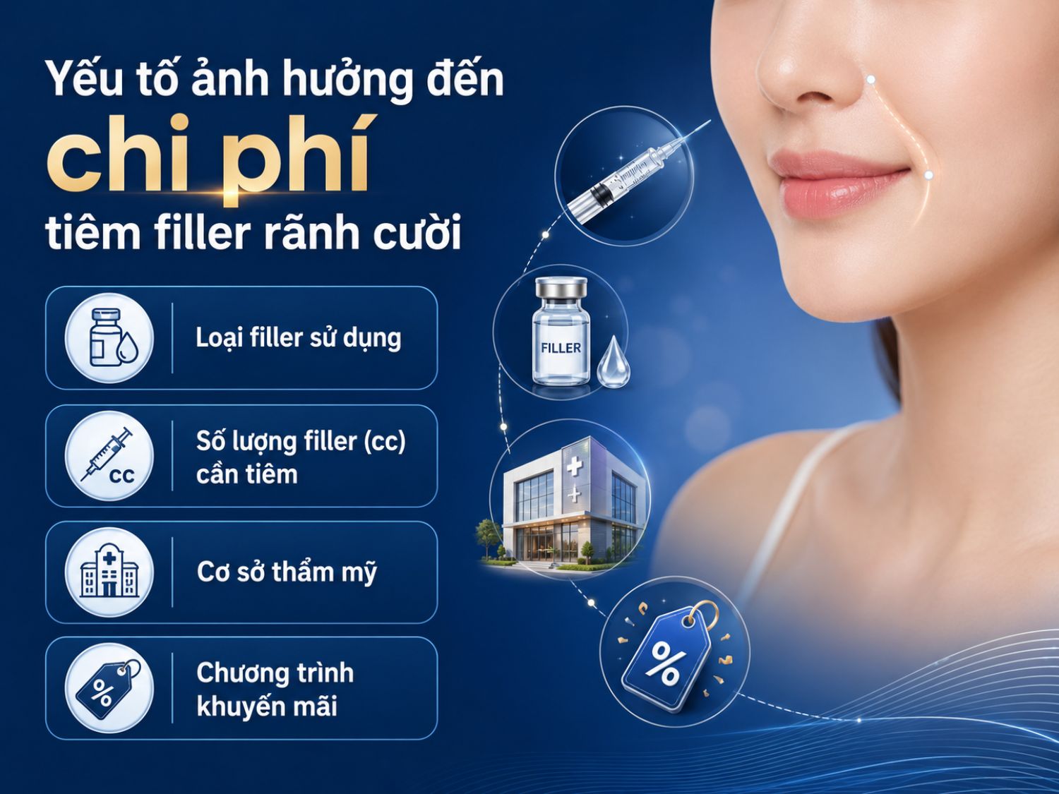 Chi phí tiêm filler rãnh cười có thể thay đổi tùy theo loại filler, lượng filler cần dùng, tiêu chuẩn cơ sở thực hiện và các chương trình ưu đãi tại từng thời điểm.
