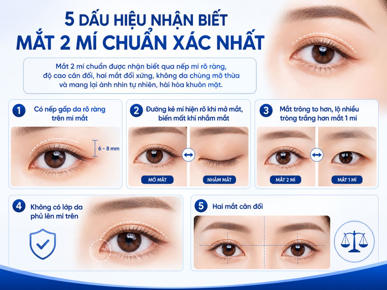 5 tiêu chí giúp nhận biết mắt 2 mí chuẩn: nếp mí rõ ràng, độ cao 6–8mm, mắt cân đối và ánh nhìn tự nhiên