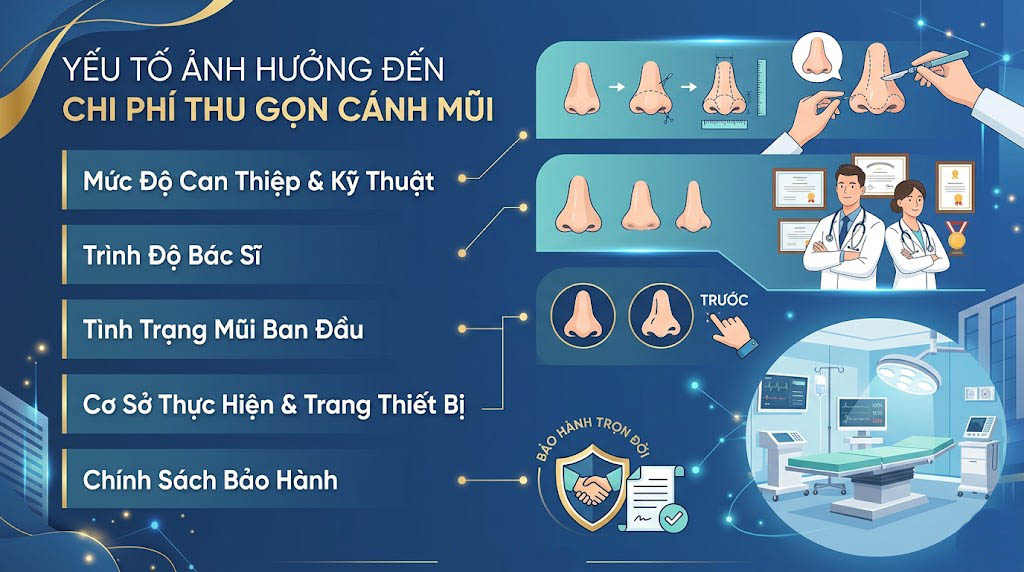 ảnh mô tả các yếu tố ảnh hưởng giá cắt cánh mũi gồm: Mức độ can thiệp, kỹ thuật thực hiện, trình độ bác sĩ , tình trạng mũi ban đầu, cơ sở thực hiện và chính sách bảo hành là các yếu tố ảnh hưởng đến chi phí thu gọn cánh mũi.