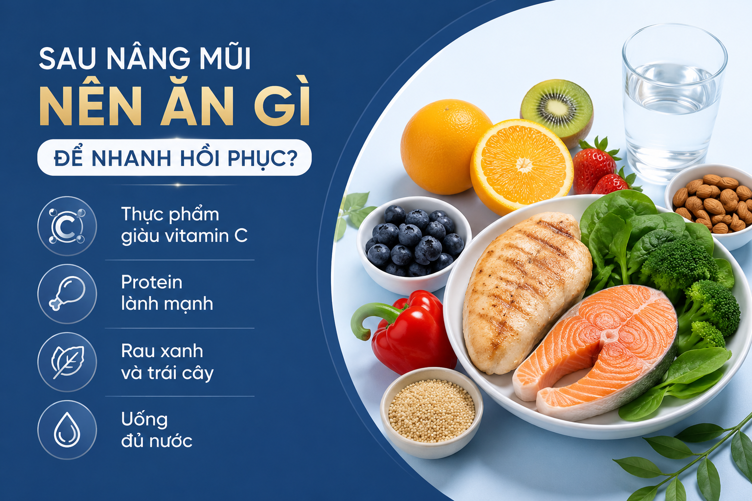 ảnh mô tả các món nên ăn sau nâng mũi, ưu tiên thực phẩm giàu vitamin C, Protein lành mạnh, rau xanh và trái cây và uống đủ nước.