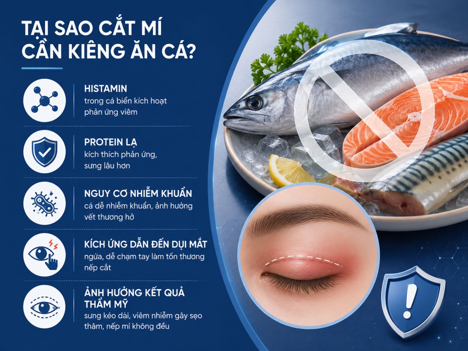Sau cắt mí, một số loại cá biển chứa histamin và protein dễ kích thích phản ứng viêm, làm mí sưng lâu hơn, tăng nguy cơ kích ứng và ảnh hưởng quá trình hồi phục.