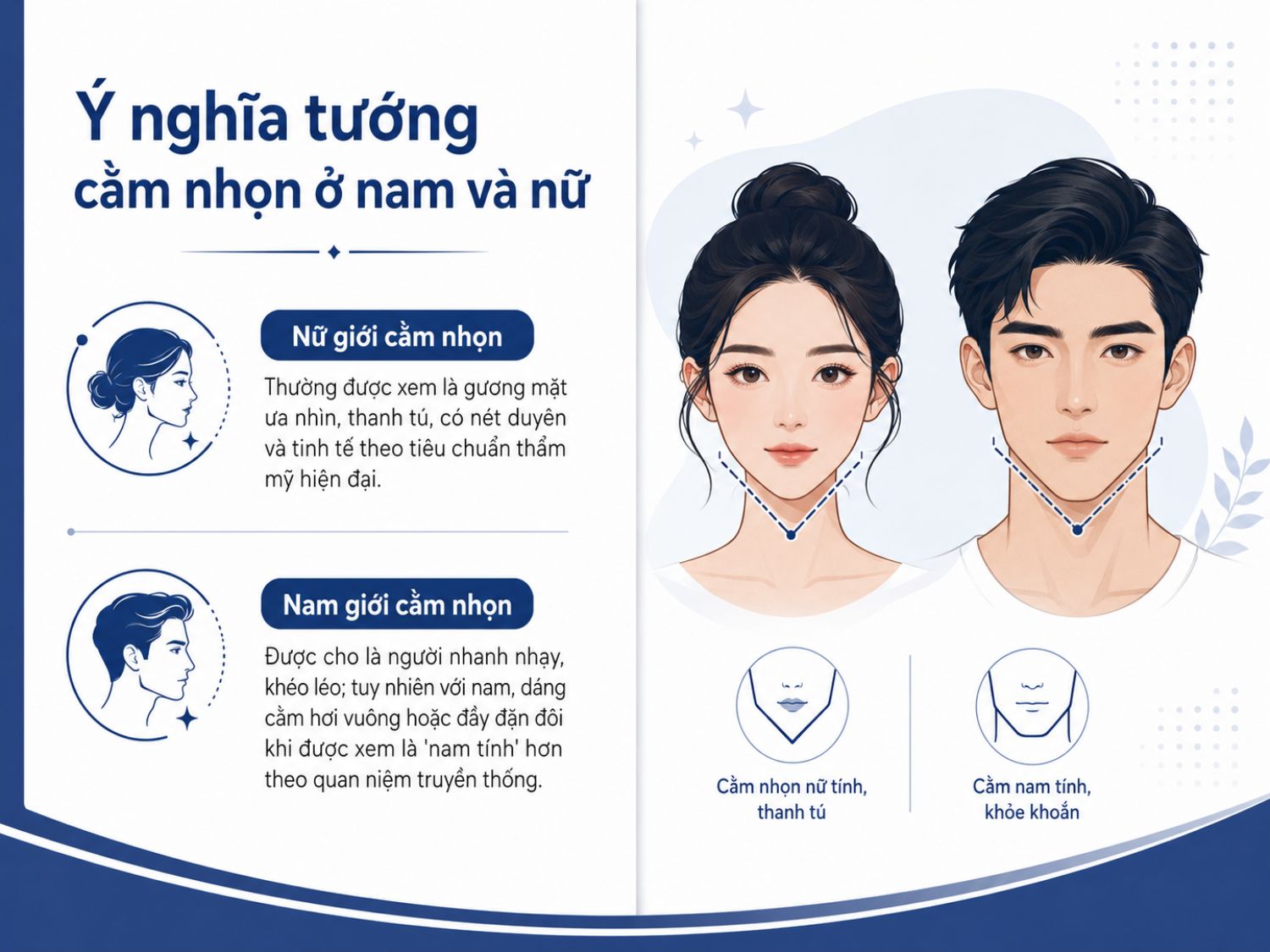 Cằm nhọn thường được nhìn nhận khác nhau ở nam và nữ. Với nữ giới, dáng cằm này gợi cảm giác thanh tú, tinh tế; còn ở nam giới, cằm nhọn thường gắn với nét nhanh nhạy, khéo léo, dù nhiều quan niệm vẫn ưu ái dáng cằm vuông hoặc đầy đặn hơn để tạo vẻ nam tính.