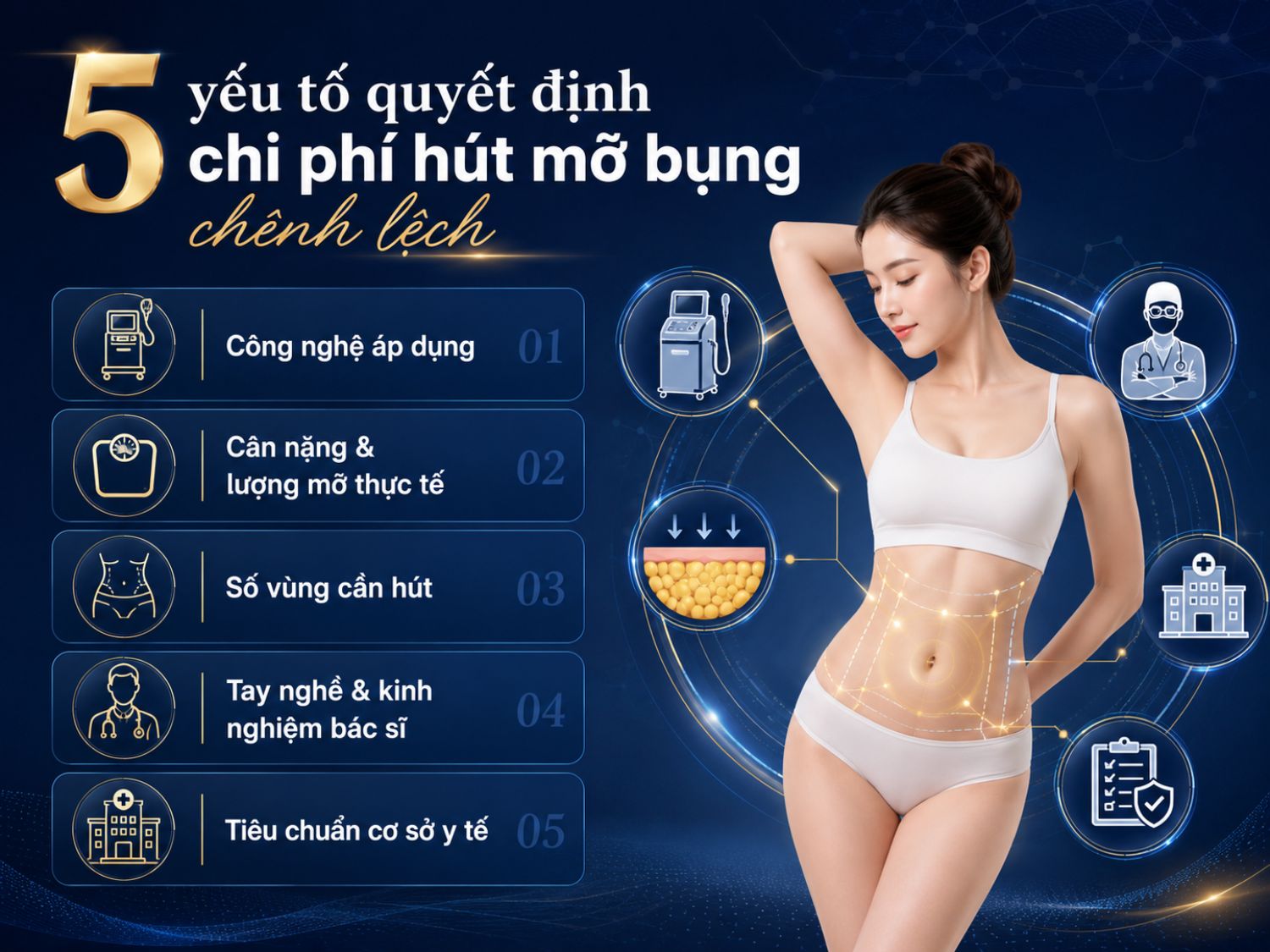Chi phí hút mỡ bụng có thể khác nhau giữa từng khách hàng do phụ thuộc vào công nghệ thực hiện, lượng mỡ cần xử lý, số vùng hút, kinh nghiệm bác sĩ và tiêu chuẩn an toàn của cơ sở y tế.
