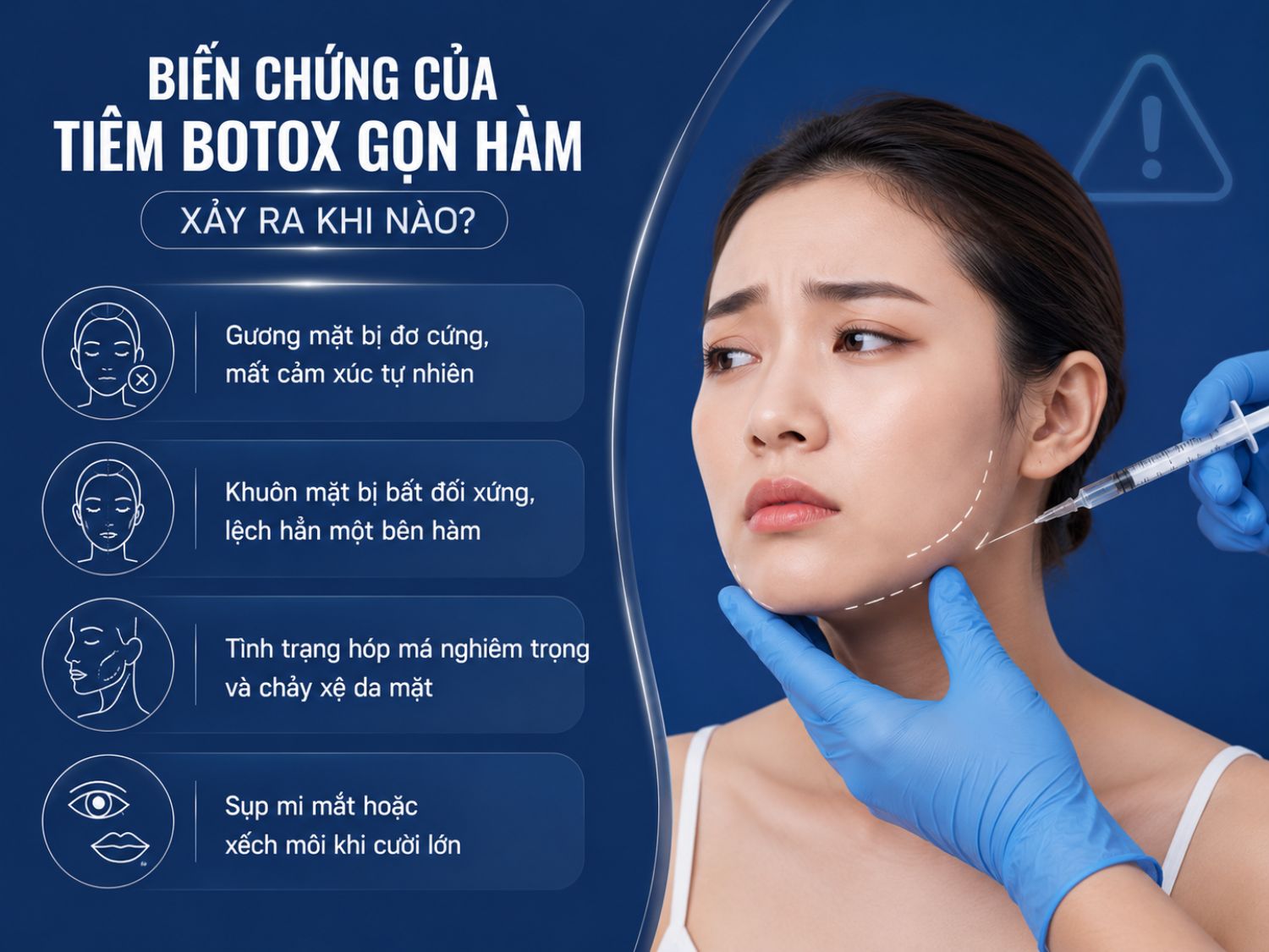 Biến chứng sau tiêm botox gọn hàm có thể xuất hiện khi tiêm sai kỹ thuật, sai liều lượng hoặc thực hiện tại cơ sở thiếu chuyên môn, gây ảnh hưởng đến biểu cảm và sự cân đối khuôn mặt.