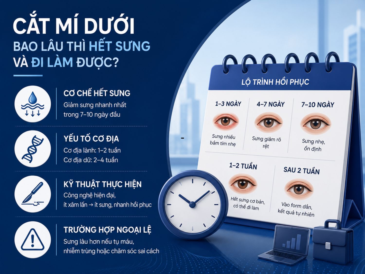 Sau cắt mí dưới, tình trạng sưng thường giảm rõ trong 7–10 ngày đầu. Tốc độ hồi phục phụ thuộc vào cơ địa, kỹ thuật thực hiện và chế độ chăm sóc hậu phẫu.