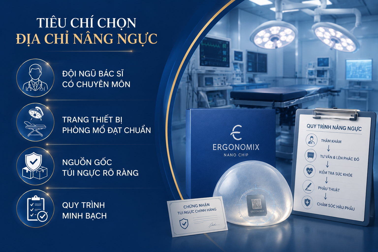 ảnh mô tả các tiêu chí chọn đại chỉ nâng ngực gồm chuyên môn bác sĩ, hệ thống phòng mổ, nguồn gốc túi ngực và quy trình thăm khám minh bạch