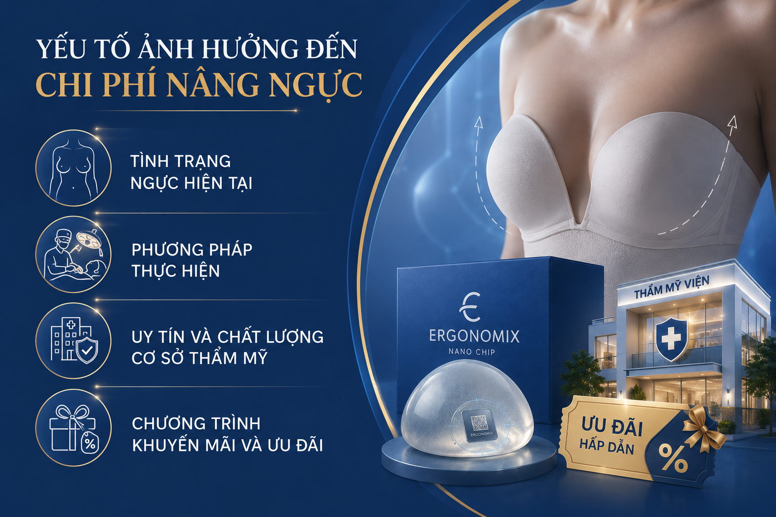 ảnh mô tả yếu tố ảnh hưởng đến chi phí nâng ngực gồm tình trạng ngực, phương pháp thực hiện cũng như dịch vụ mà khách hàng lựa chọn