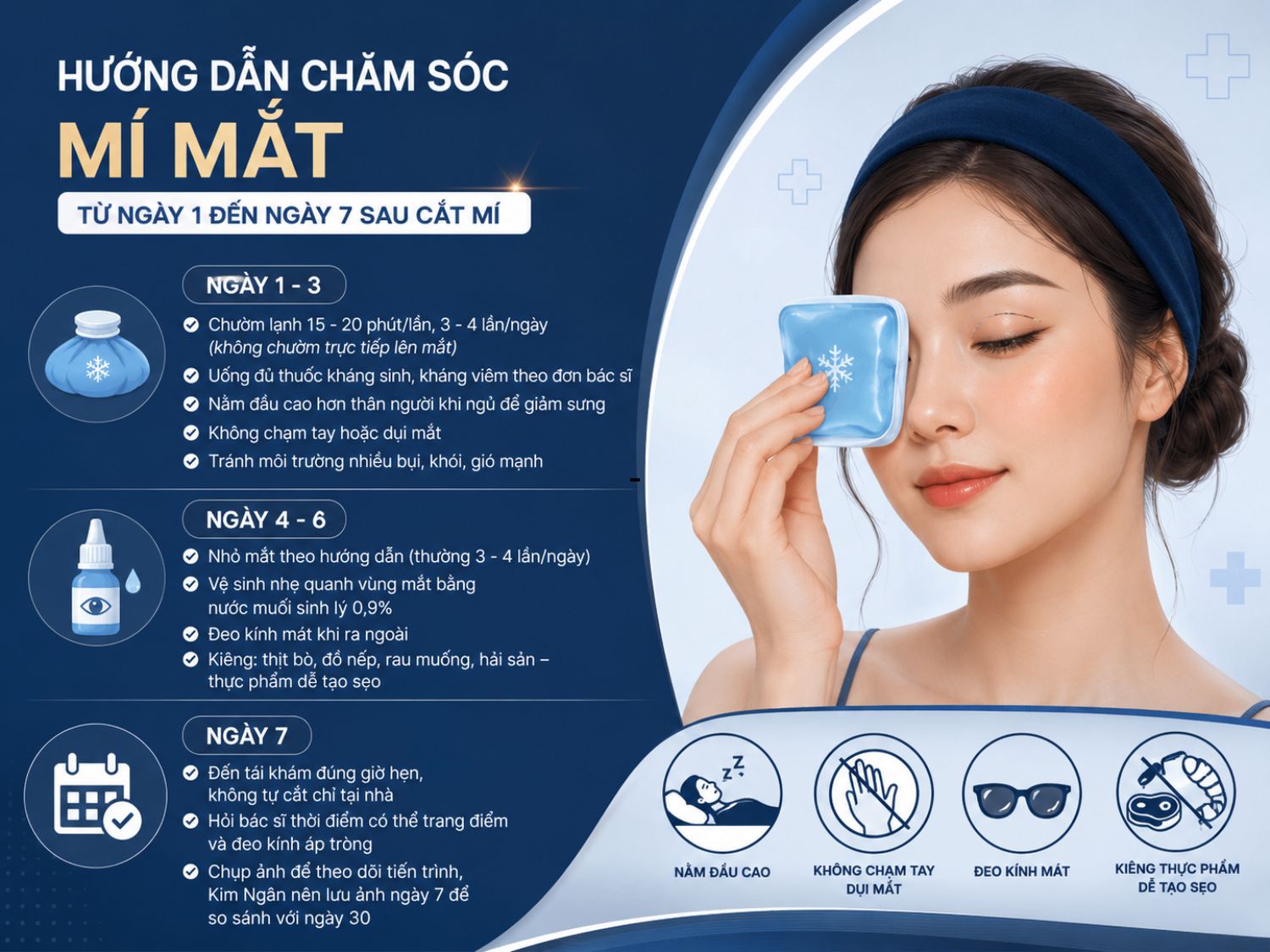 Chăm sóc đúng cách trong 7 ngày đầu sau cắt mí giúp giảm sưng nhanh, hạn chế sẹo và hỗ trợ mí vào form đẹp tự nhiên hơn. Nên tuân thủ hướng dẫn vệ sinh, chườm lạnh và tái khám đúng lịch hẹn.