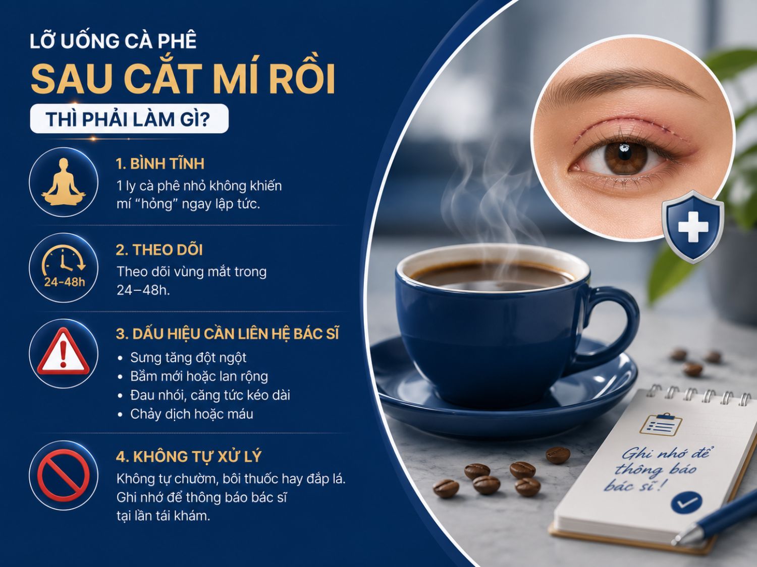 Lỡ uống một lượng nhỏ cà phê sau cắt mí thường không gây ảnh hưởng nghiêm trọng ngay lập tức. Điều quan trọng là theo dõi phản ứng vùng mí, tránh tự xử lý tại nhà và liên hệ bác sĩ nếu xuất hiện dấu hiệu bất thường như sưng tăng, đau nhói hoặc chảy dịch.