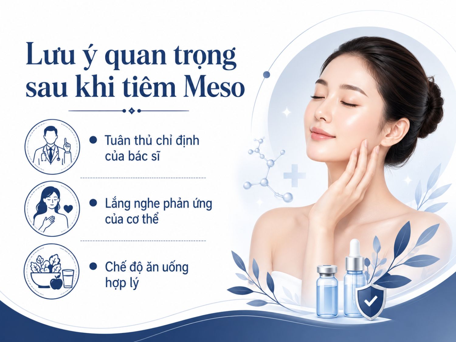 Sau tiêm meso, khách hàng nên theo dõi phản ứng của da, chăm sóc theo hướng dẫn bác sĩ và duy trì chế độ ăn uống lành mạnh để hỗ trợ da phục hồi và đạt hiệu quả tốt hơn.