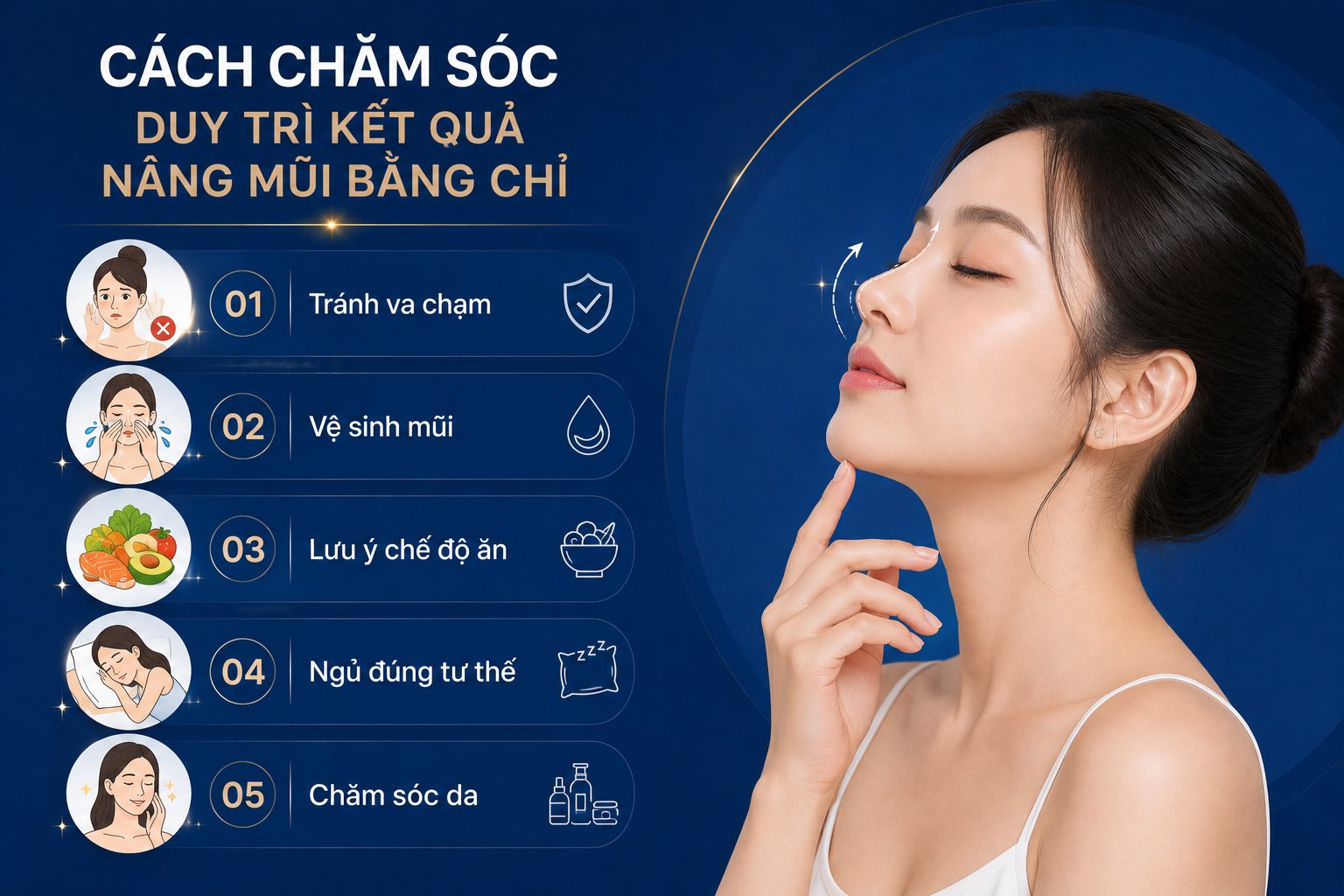 ảnh mô tả cách chăm sóc để duy trì kết quả cấy chỉ mũi gồm tránh tác động cơ học, giữ vệ sinh và điều chỉnh thói quen sinh hoạt