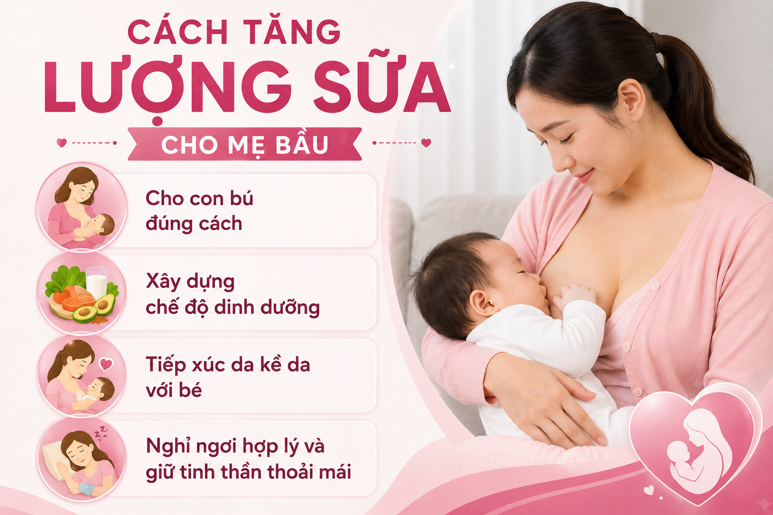 ảnh mô tả Cách tăng lượng sữa cho mẹ bầu gồm cho con bú đúng, ăn uống đủ chất, tiếp xúc da kề da , nghỉ ngơi hợp lý