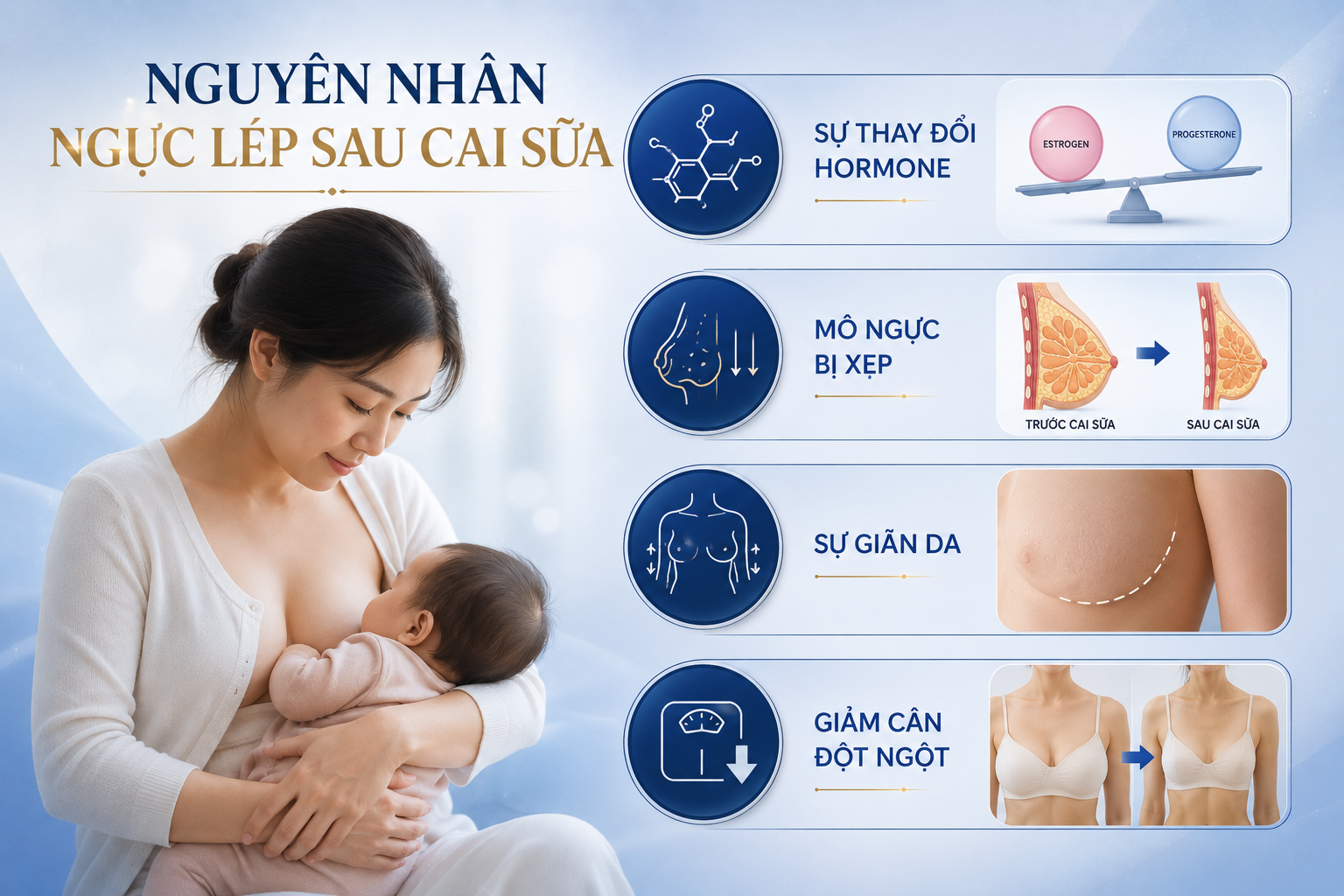 ảnh minh họa các nguyên nhân ngực lép sau cai sữa: thay đổi nội tiết tố, mô tuyến sữa co hồi, da mất đàn hồi và quá trình giảm cân sau sinh