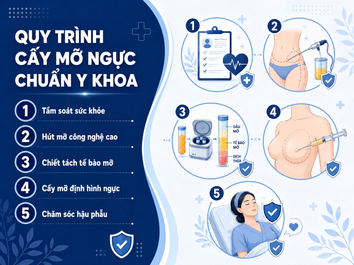 Quy trình cấy mỡ ngực chuẩn y khoa thường gồm tầm soát sức khỏe, hút mỡ thừa, chiết tách tế bào mỡ, cấy mỡ định hình khuôn ngực và chăm sóc hậu phẫu để hỗ trợ hồi phục ổn định.