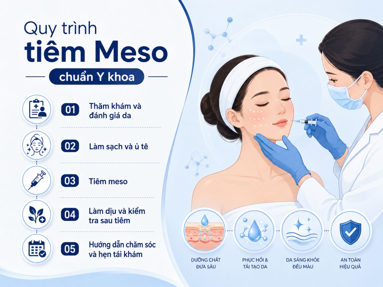 Một quy trình tiêm meso chuẩn y khoa cần bắt đầu từ thăm khám, đánh giá tình trạng da, làm sạch – ủ tê, thực hiện tiêm, làm dịu sau tiêm và hướng dẫn chăm sóc tại nhà. Thực hiện đúng quy trình giúp tối ưu hiệu quả và hạn chế kích ứng sau điều trị.