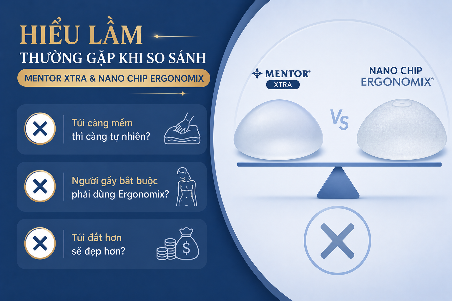 ảnh mô tả các hiểu lầm khi chọn túi ngực, Túi càng mềm thì càng tự nhiên, người gầy phải nâng ngực túi Ergonomix và túi ngực cứ đắt là đẹp là các sai lầm khi so sánh túi ngực Mentor Xtra và Nano Chip Ergonomix.