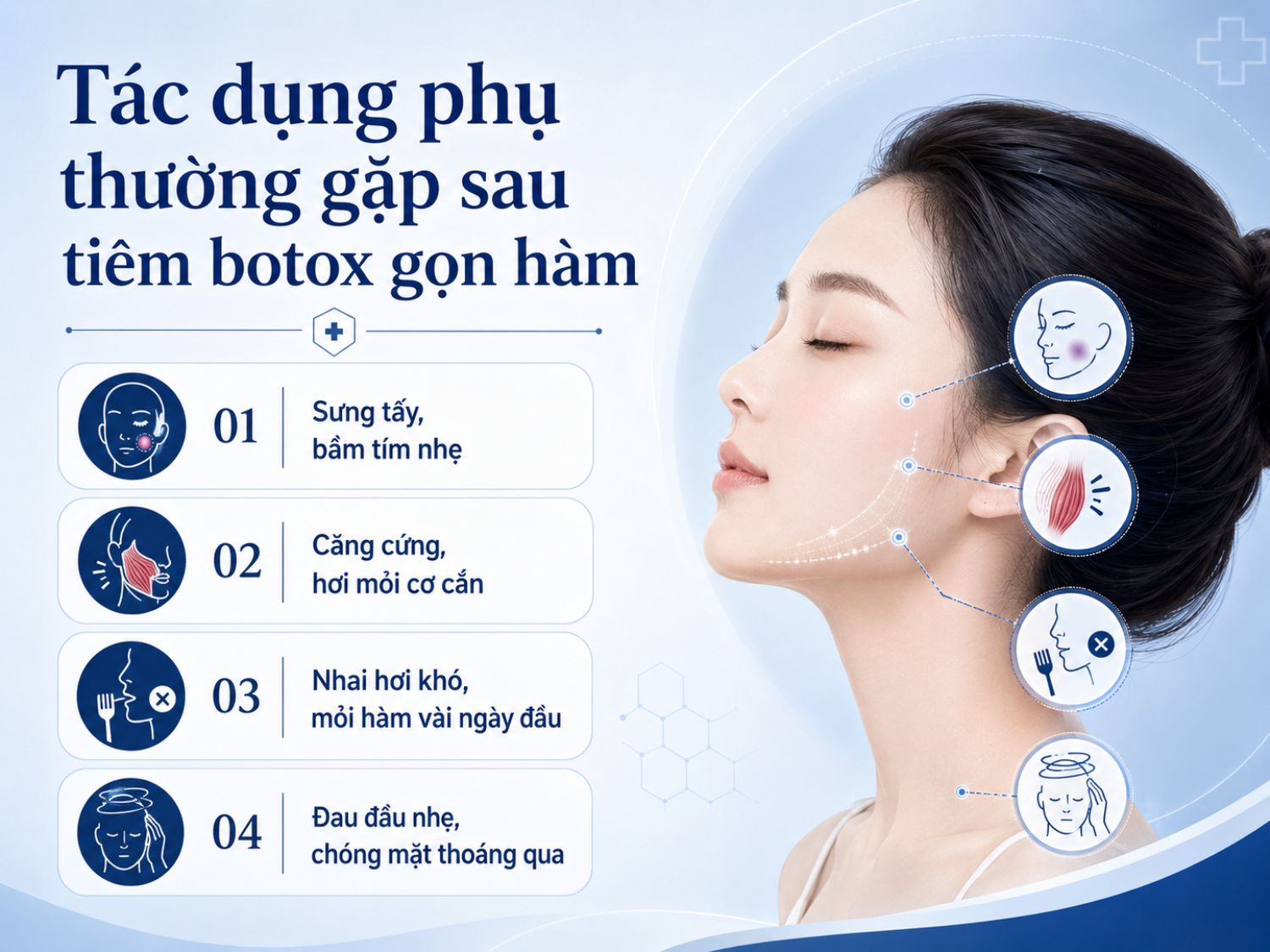 Sau tiêm botox thon gọn hàm khách hàng sẽ xuất hiện những triệu chứng như sưng tấy, bầm tím, căng cứng hoặc mỏi cơ cắn