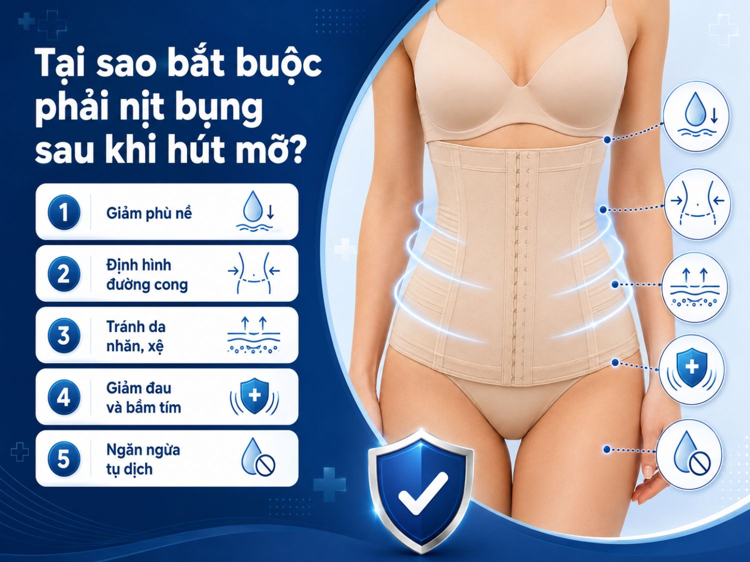 Nịt bụng sau hút mỡ giúp tạo lực ép ổn định, hỗ trợ giảm phù nề, định hình đường cong và hạn chế nguy cơ tụ dịch trong giai đoạn hồi phục.