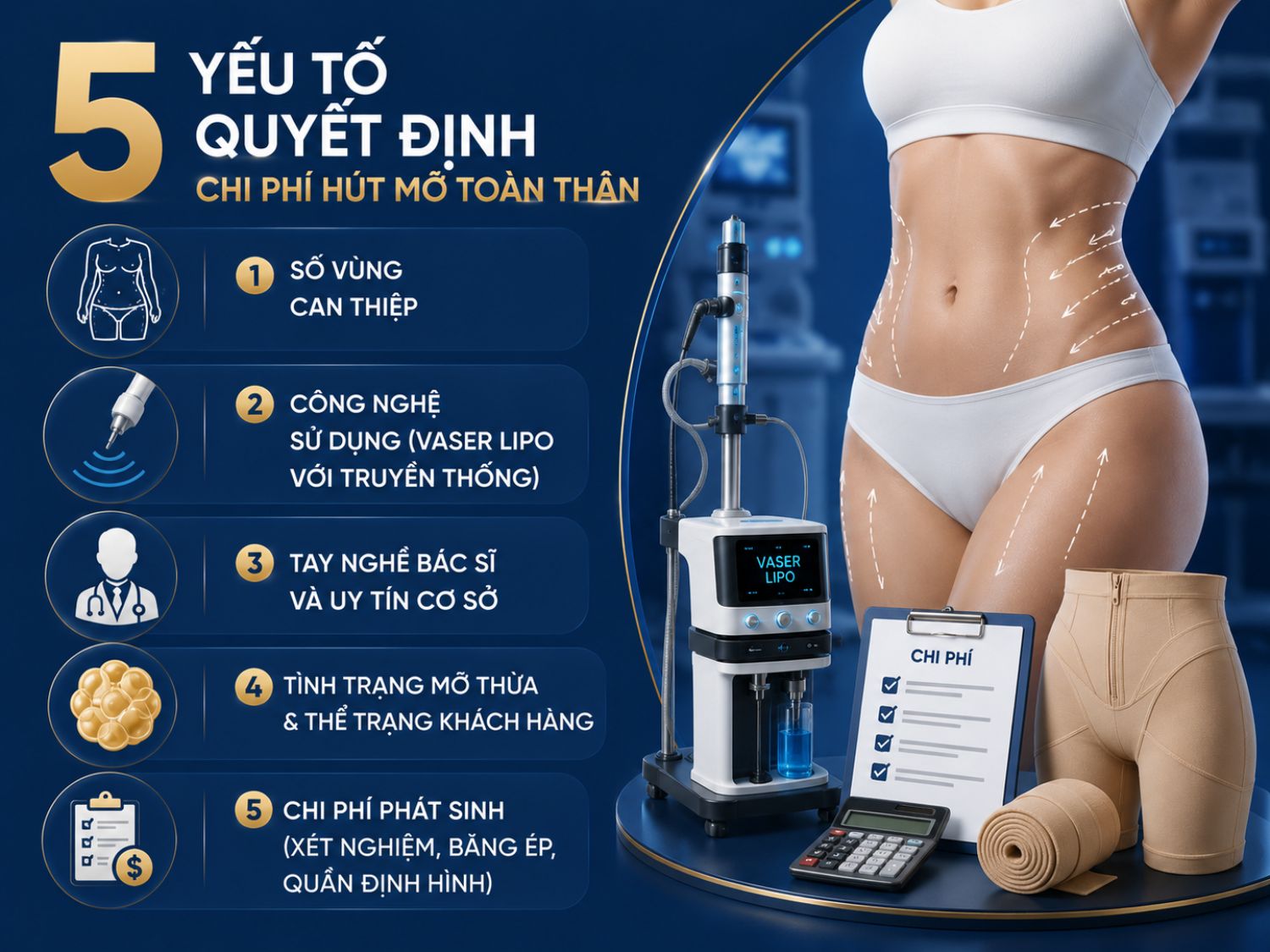 Chi phí hút mỡ toàn thân không chỉ phụ thuộc vào lượng mỡ cần loại bỏ mà còn chịu ảnh hưởng bởi công nghệ áp dụng, trình độ bác sĩ và các dịch vụ chăm sóc đi kèm trước – sau phẫu thuật.
