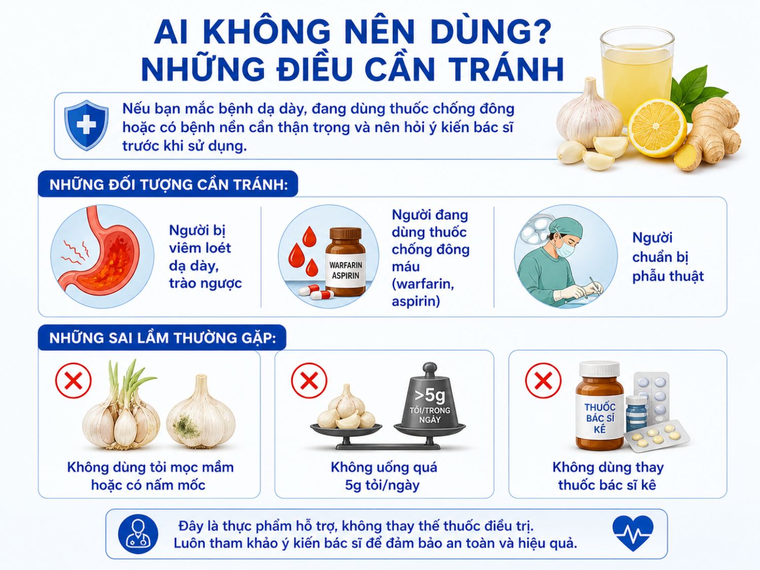 Lưu ý quan trọng khi dùng chanh tỏi gừng: tránh với người bệnh dạ dày, dùng thuốc chống đông và không thay thế thuốc điều trị