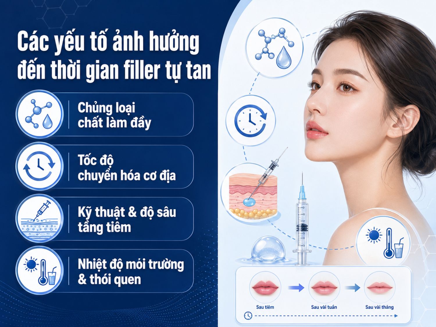 Thời gian filler tự tan không cố định ở mọi người mà phụ thuộc vào loại filler, cơ địa chuyển hóa, tầng tiêm và các thói quen sinh hoạt hằng ngày.