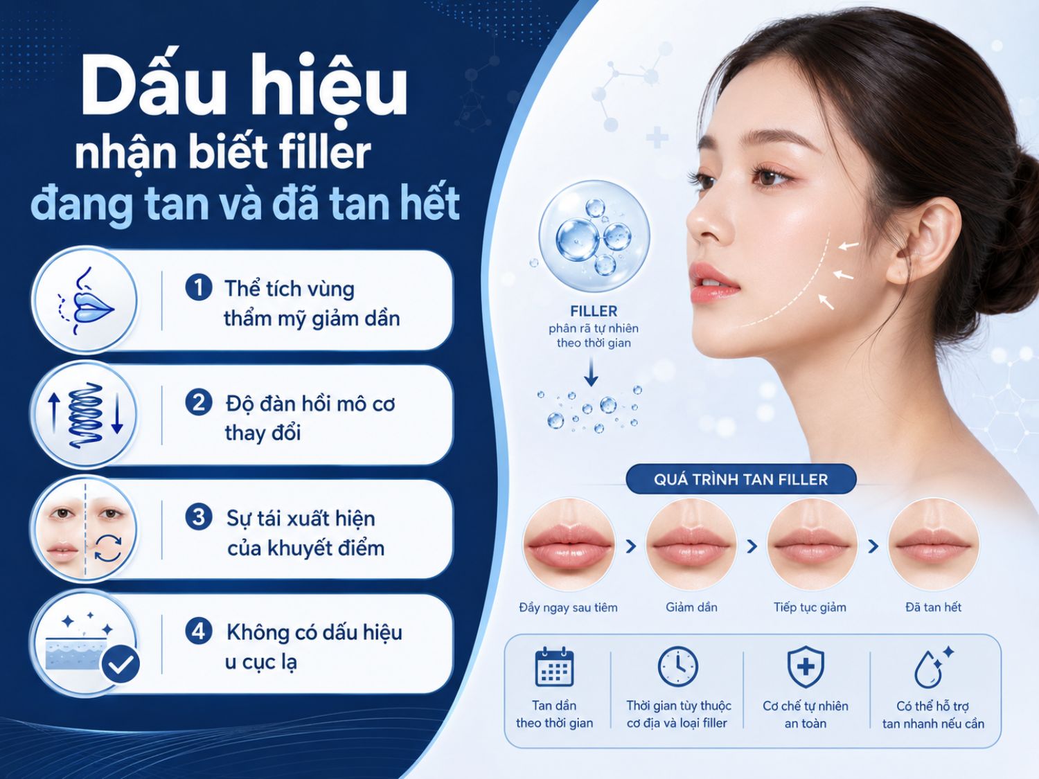Khi filler tan dần, vùng thẩm mỹ có thể giảm độ đầy và trở về gần nền ban đầu; nếu không xuất hiện u cục bất thường, đây thường là quá trình phân rã tự nhiên theo thời gian.