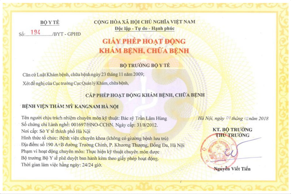 giấy phép hoạt động của Bệnh viện Thẩm mỹ Kangnam Hà Nội