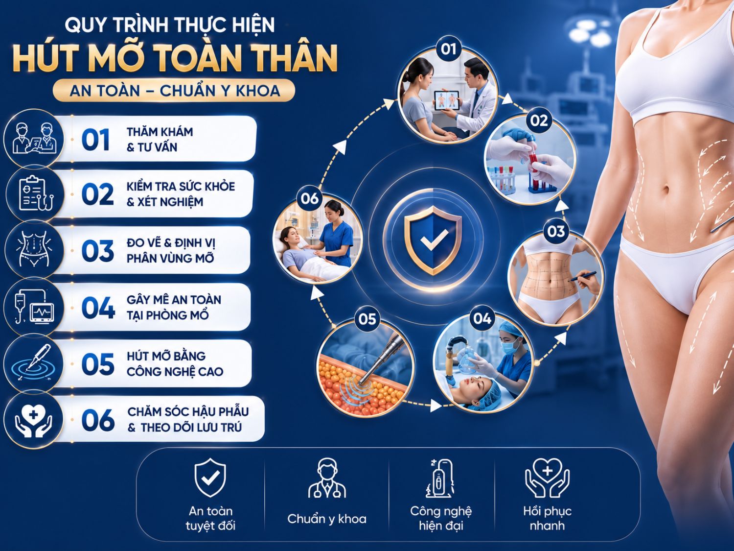 Một quy trình hút mỡ an toàn cần trải qua đầy đủ các bước thăm khám, đánh giá sức khỏe, gây mê, thực hiện hút mỡ và theo dõi hậu phẫu nhằm tối ưu kết quả và hạn chế biến chứng.