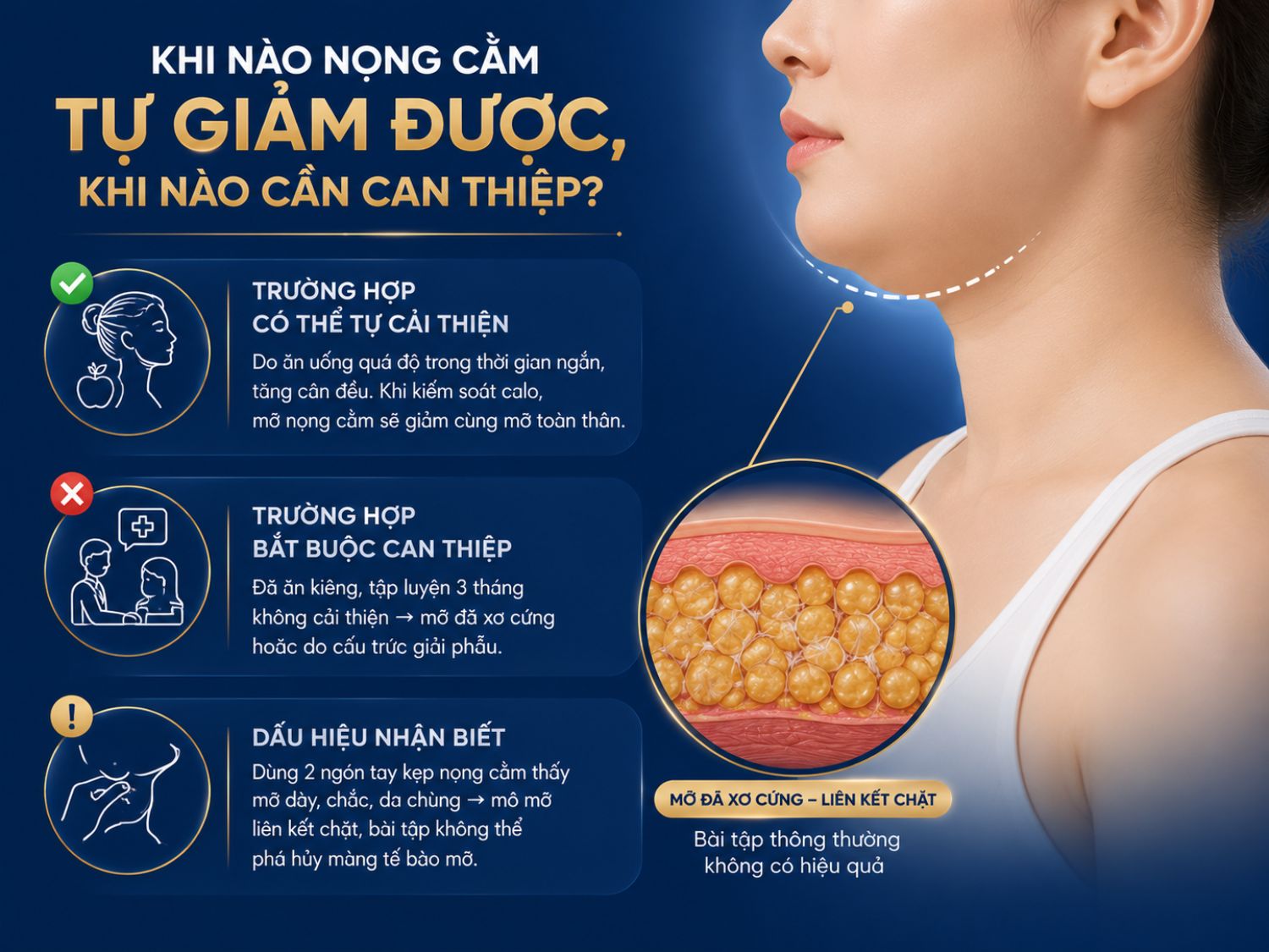 Nọng cằm do tăng cân tạm thời có thể cải thiện khi giảm cân đúng cách. Tuy nhiên, nếu mỡ dưới cằm tồn tại dai dẳng sau nhiều tháng ăn kiêng và tập luyện, nguyên nhân có thể liên quan đến cấu trúc giải phẫu hoặc mô mỡ xơ cứng, cần được bác sĩ chuyên khoa đánh giá.