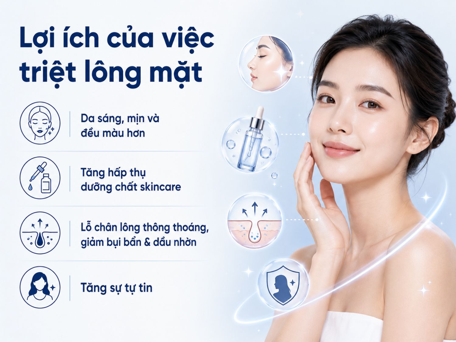 Triệt lông mặt giúp da sáng mịn, đều màu, tăng hấp thụ dưỡng chất, giúp lỗ chân lông thông thoáng hơn