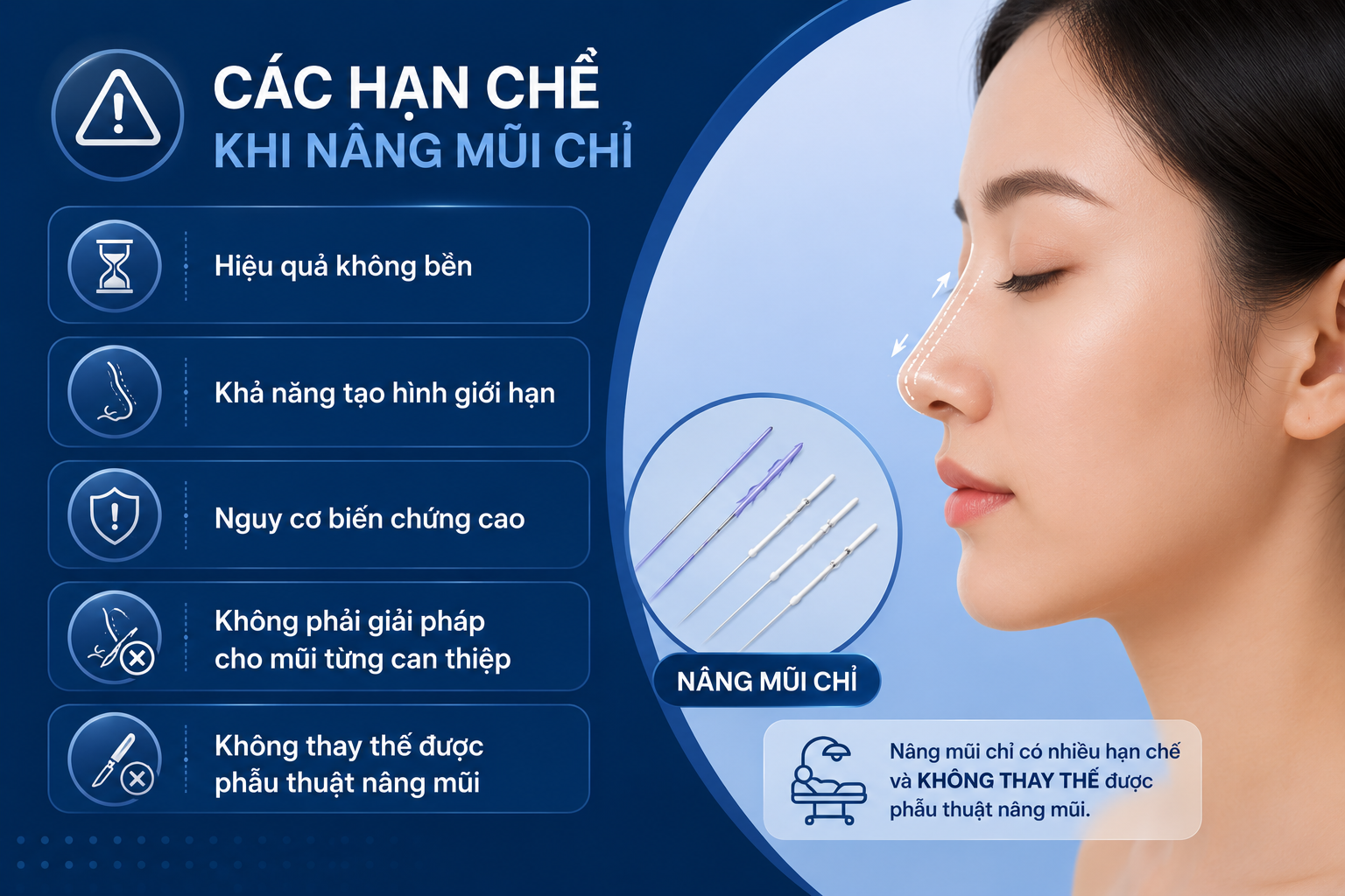 ảnh mô tả các Hạn chế của nâng mũi bằng chỉ gồm hiệu quả không bền, khả năng tạo hình giới hạn, nguy cơ biến chứng cao, không phải giải pháp cho mũi từng can thiệp và không thay thế được phẫu thuật nâng mũi