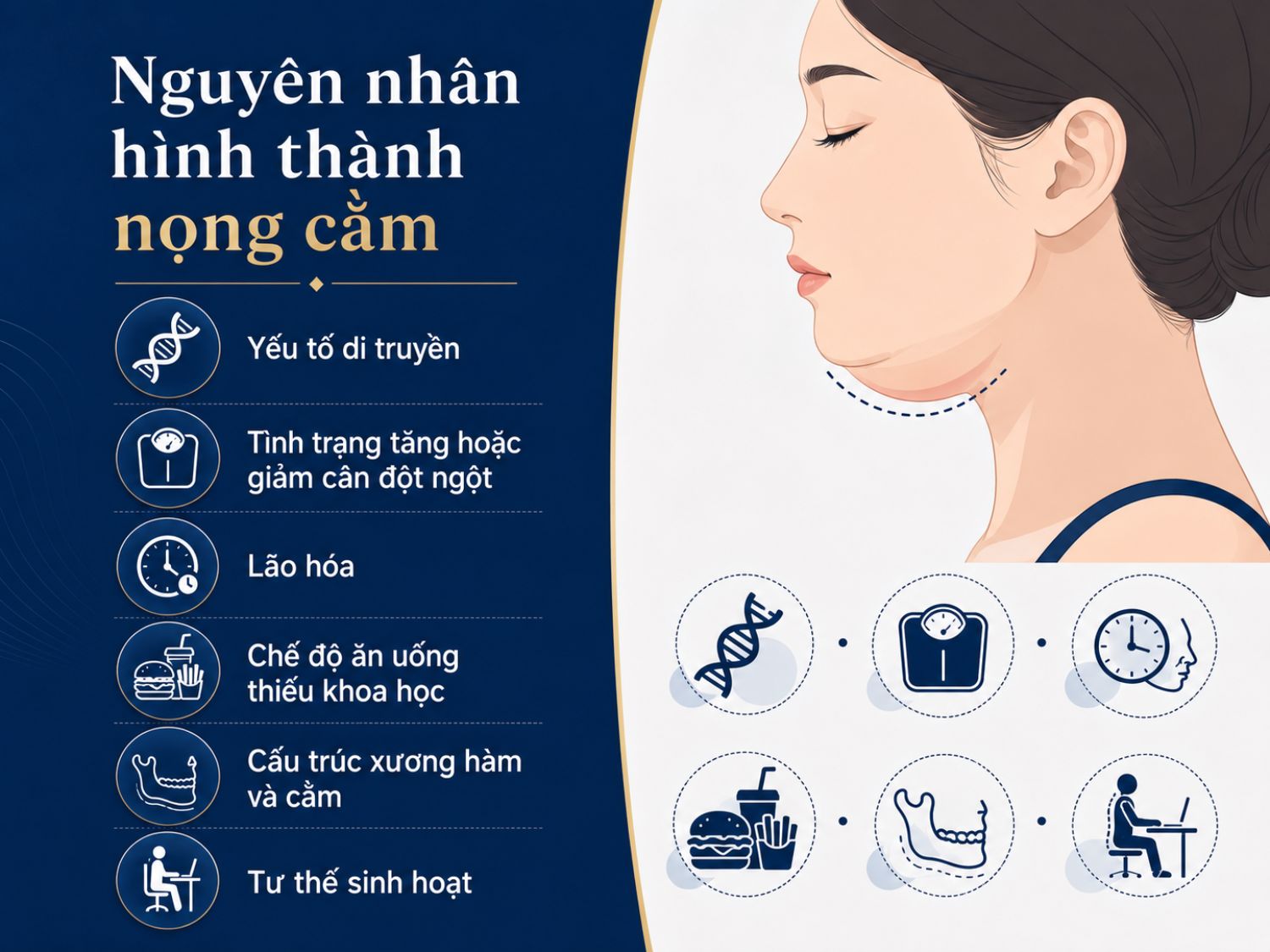Di truyền, lão hóa, tăng cân hay cả tư thế sinh hoạt hằng ngày đều có thể là “thủ phạm”.