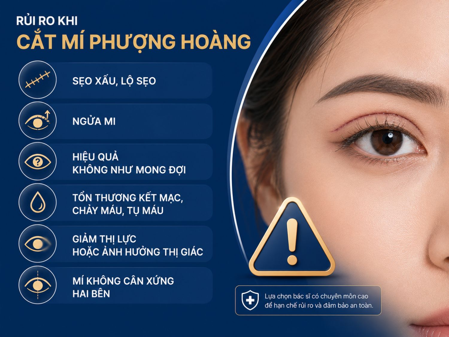 Dù là thủ thuật thẩm mỹ phổ biến, cắt mí phượng hoàng vẫn tiềm ẩn một số rủi ro nếu thực hiện sai kỹ thuật hoặc chăm sóc hậu phẫu không đúng cách. Lựa chọn bác sĩ có chuyên môn và tuân thủ hướng dẫn chăm sóc giúp giảm biến chứng và tối ưu kết quả thẩm mỹ.