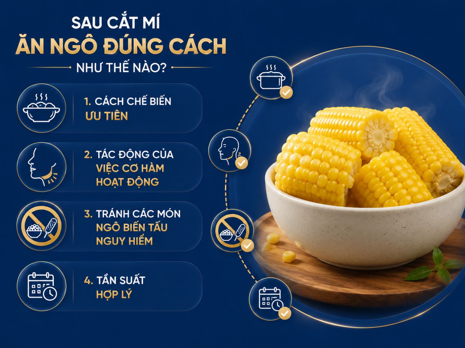 Ngô có thể được bổ sung vào thực đơn sau cắt mí nếu chế biến mềm, dễ nhai và sử dụng với lượng phù hợp. Việc ăn đúng cách giúp hạn chế tác động lên vùng mắt đang hồi phục và hỗ trợ quá trình lành thương.